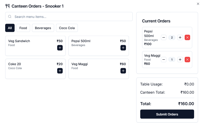 Integrated Canteen Management - Snooker club management software feature