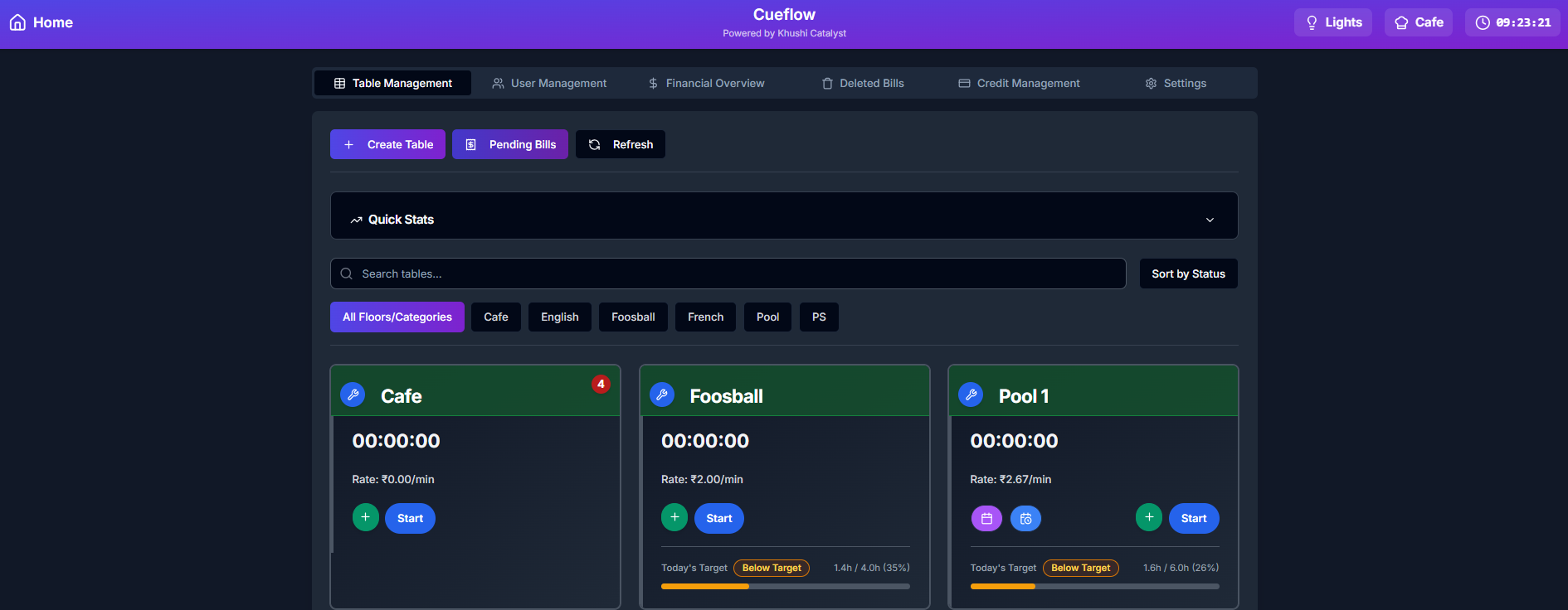 CueFlow Snooker Management Software Light Mode
