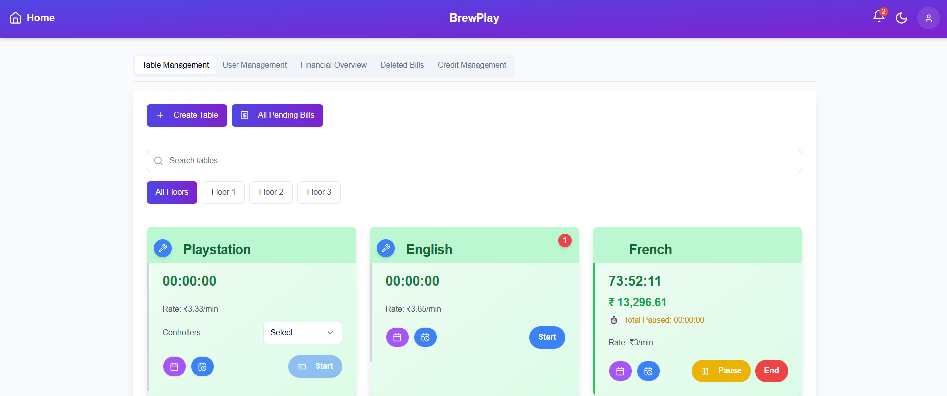 Snooker Club Management Software Dashboard - Real-time table monitoring and billing system
