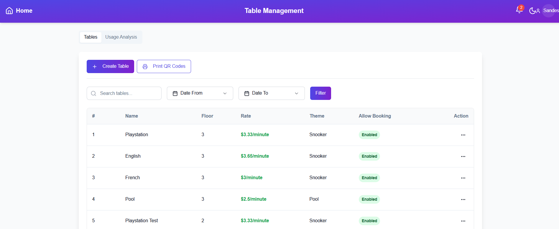 Advanced Table Administration - Snooker club management software feature